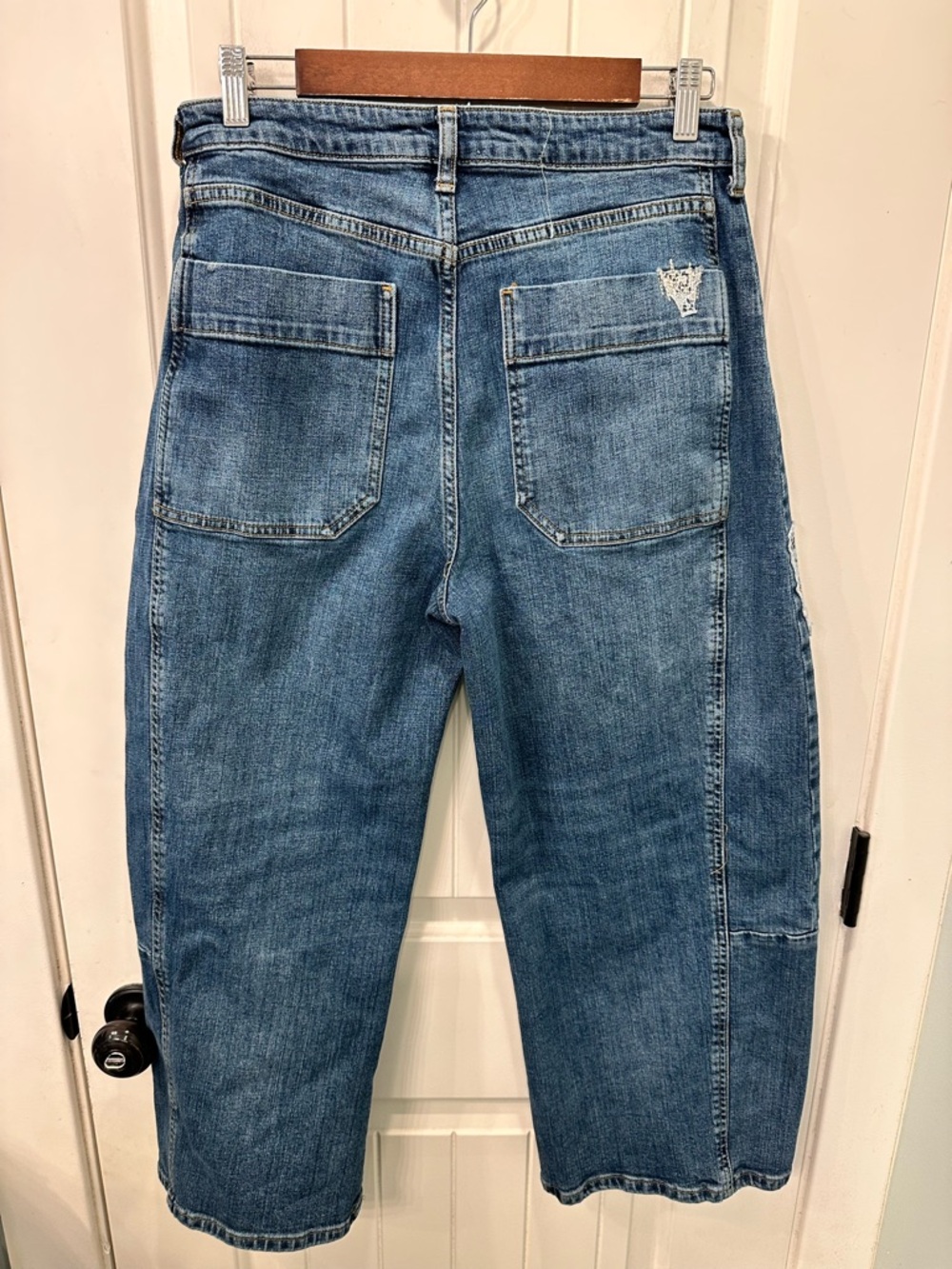 Pilcro Wide Leg Patchwork Jeans in Dark Blue with Multicolor Patches - Picture 7 of 9